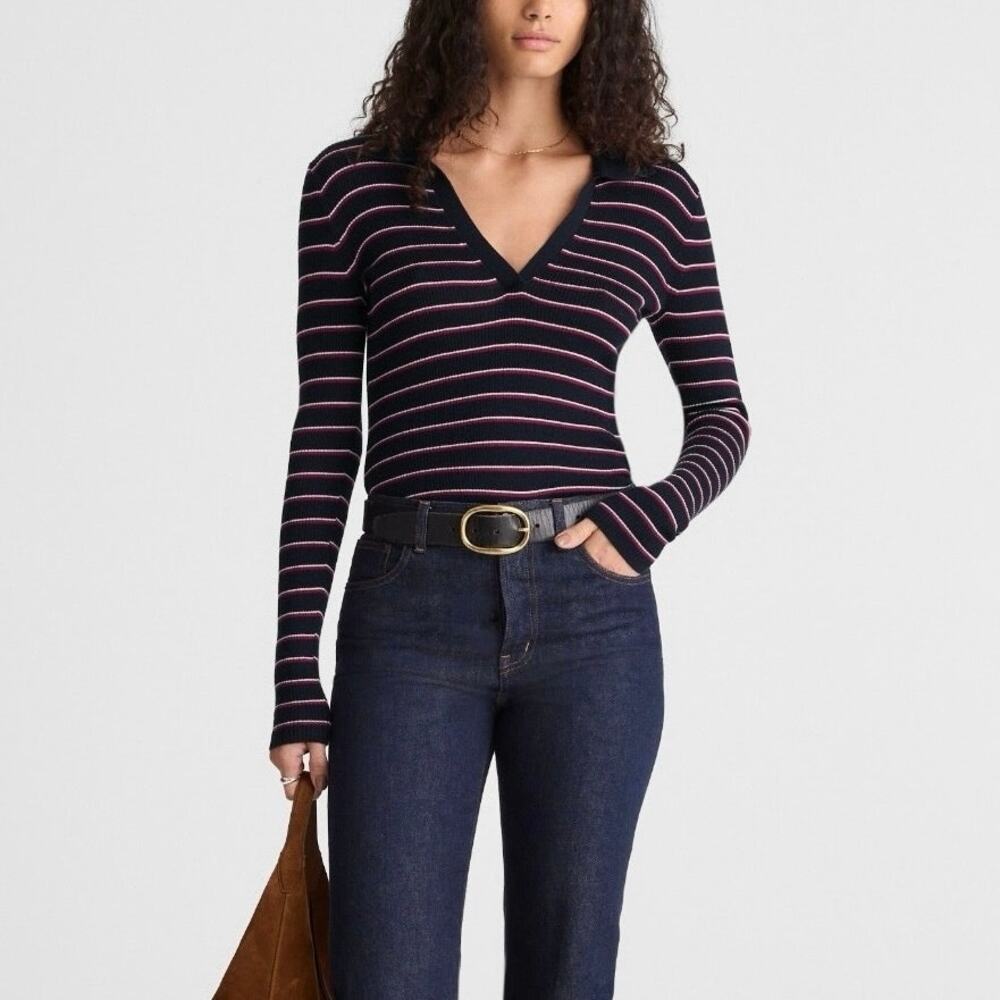 NWT Madewell Johnny-Collar Sweater In Merino-Silk Blend Dark Navy Stripe Small